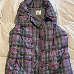 Old Navy Gray Plaid Puffer Vest with Pink Accents